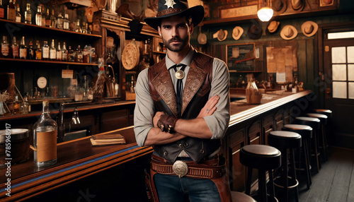 A rugged and stylish cowboy stands confidently at a bar in an old western saloon. The atmosphere is rich with western décor
