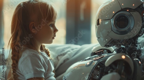 A happy kid sitting on sofa with AI Robot babysitter depiction the blend of future technology with everyday urban life photo