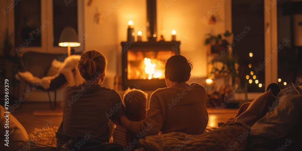 Family are sitting in front of a fireplace Family are sitting in front of a fireplace