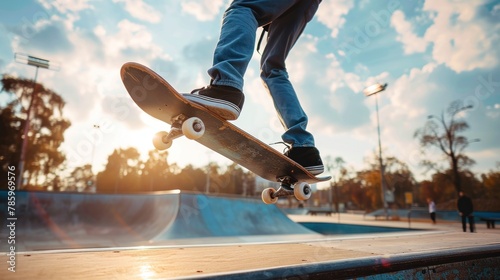A person doing tricks on a skateboard in a skate park. photo