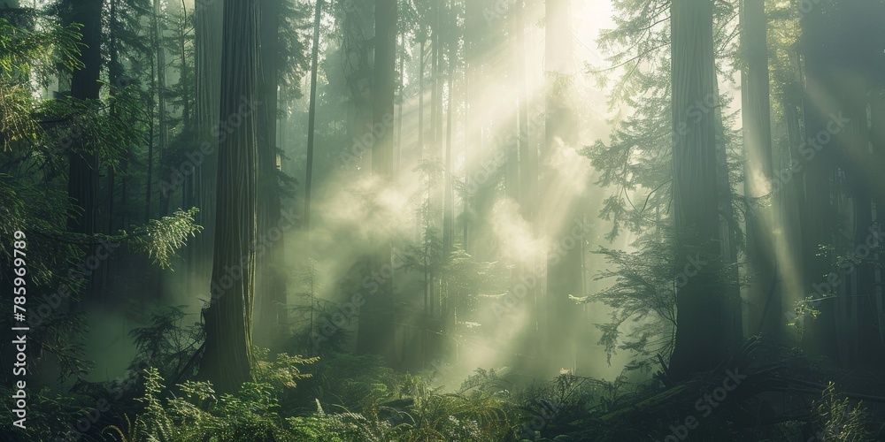 Obraz premium A forest with sunlight shining through the trees