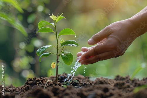 Watering young green plant in hand with nature background, Ecology concept