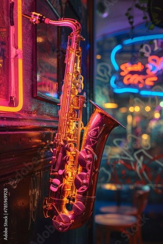 Saxophone bathed in the vibrant neon lights of a jazz club creating a moody and colorful atmosphere evocative of lively music scene