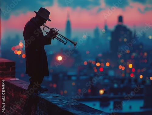 Silhouetted against a night city skyline, a lone trumpeter guy play soulful melodies atop an urban building with bokeh city light twinkling in the background