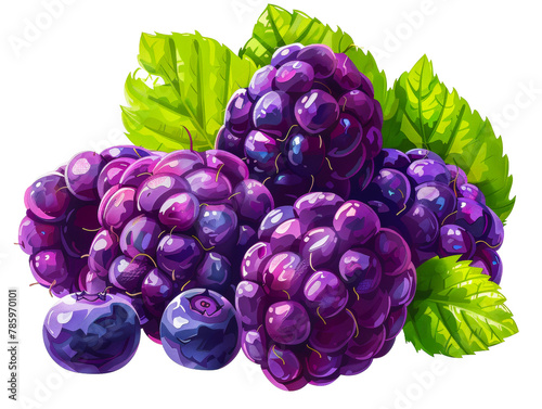 Fresh bunch of purple blackberry with vibrant leaves isolated on transparent background