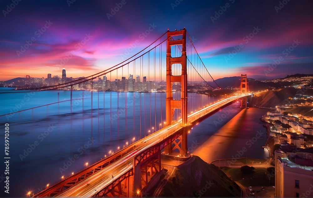 The Golden Gate Bridge is lit up at night The Golden Gate Bridge is lit up at night