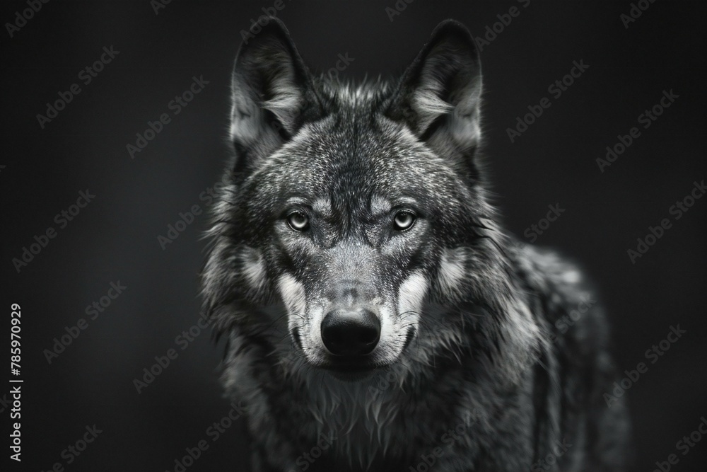 Portrait of a wolf on a dark background,  Black and white photo