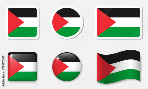 Flag of Palestine icons collection. Flat stickers and 3d realistic glass vector elements on white background with shadow underneath.