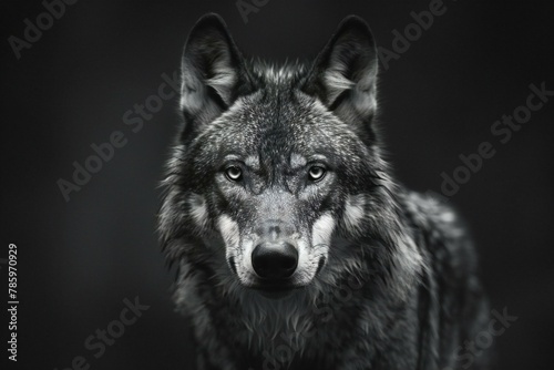 Portrait of a wolf on a dark background   Black and white photo