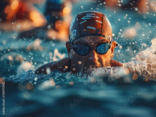 Closeup of a determined swimmer in action during sunset water splashing around as they power through the tranquil pool © MergeIdea