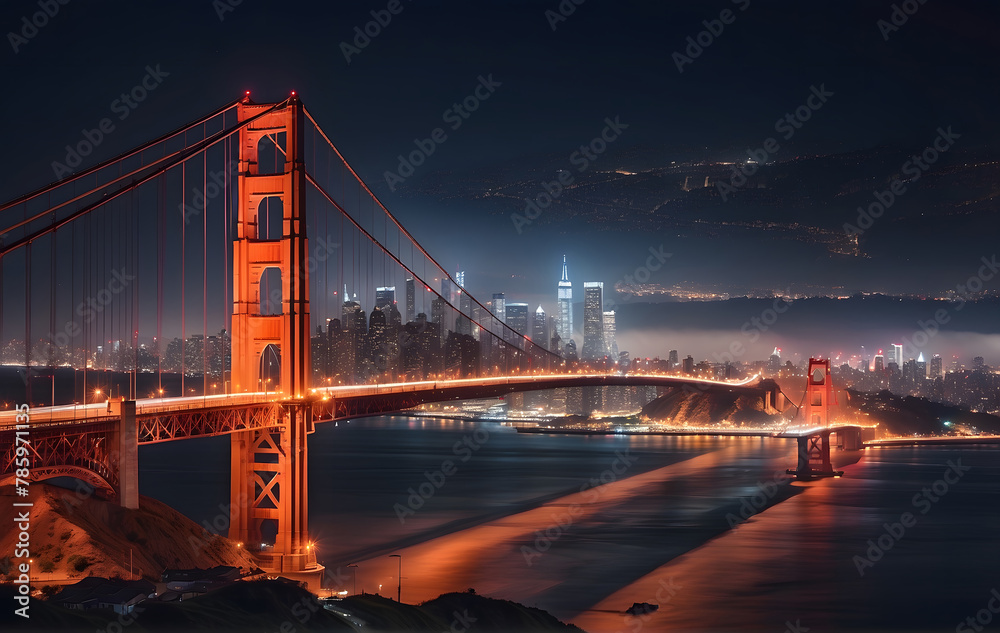 The Golden Gate Bridge is lit up at night