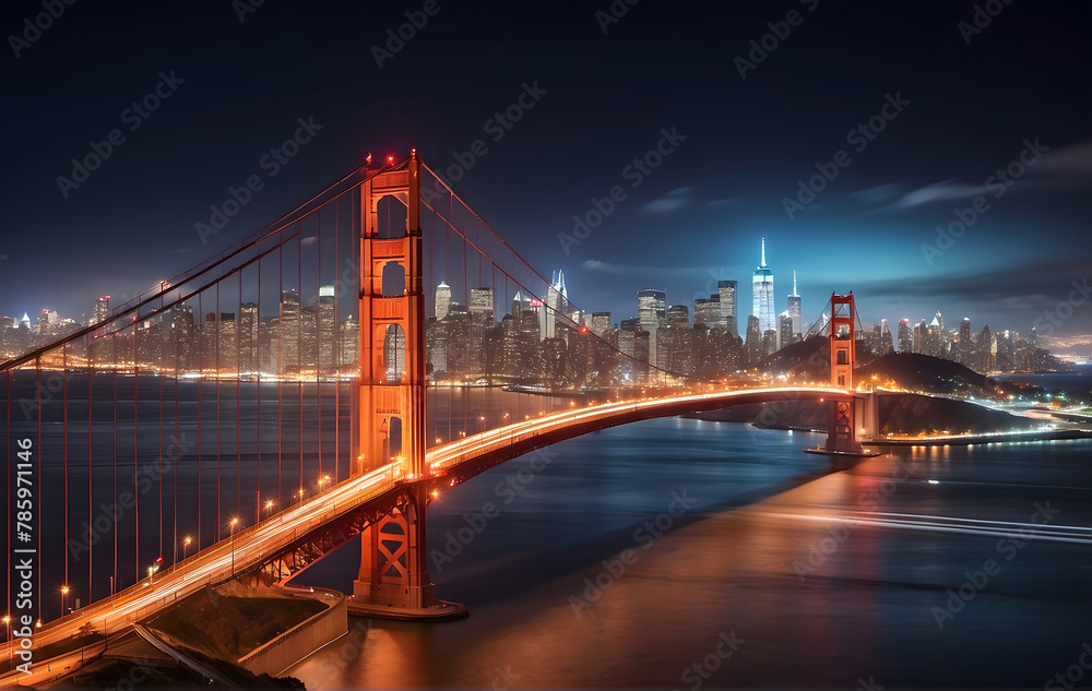 The Golden Gate Bridge is lit up at night