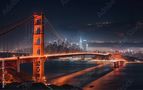 The Golden Gate Bridge is lit up at night