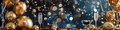 Glittering golden balloons and sparkling streamers cascading down from above, framing a table set with an array of decadent desserts and champagne flutes, against a luxurious midnight blue background. photo