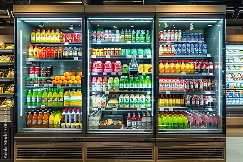 modern refrigerator display in a grocery store with bright, white internal lighting photo