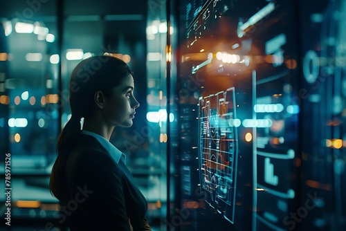 professional woman in a futuristic command center, surrounded by interactive holographic displays