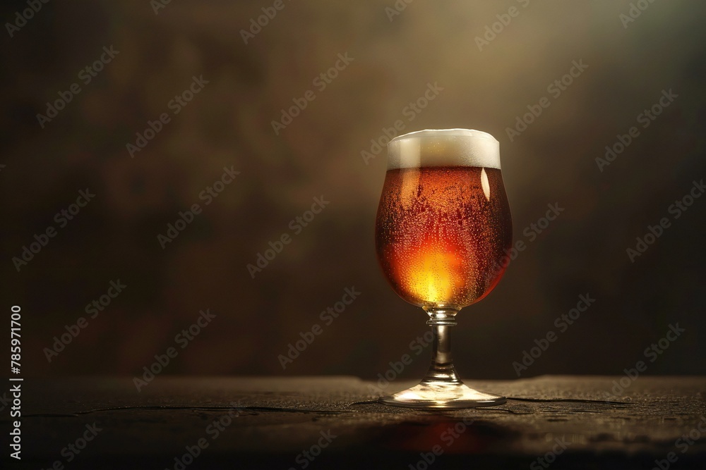 Glass of beer on wooden table on dark background with copyspace