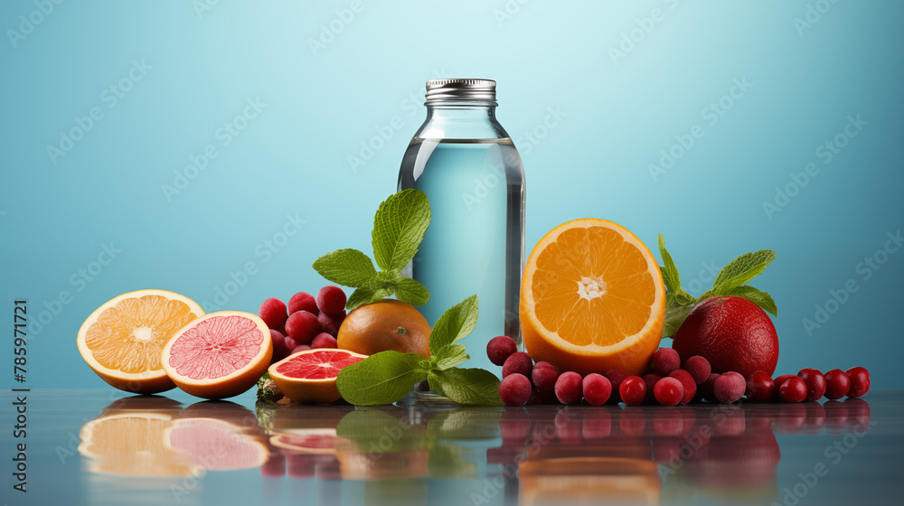 fruits and water bottles on a light blue background fruits and water bottles on a light blue background