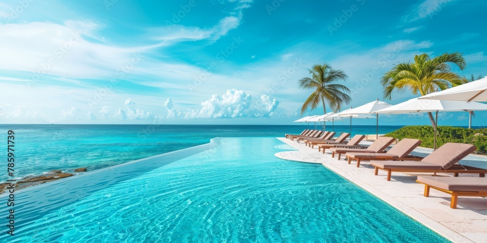 A pool with a beach setting and umbrellas