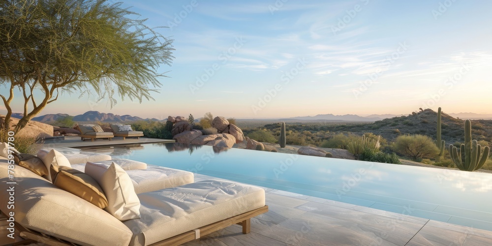 A pool with a view of the mountains and a tree