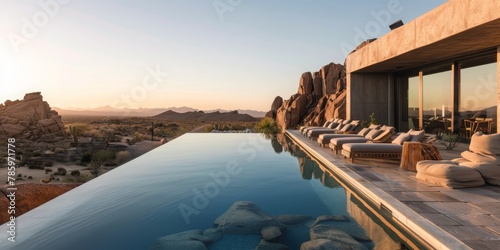 A large pool with a view of the mountains