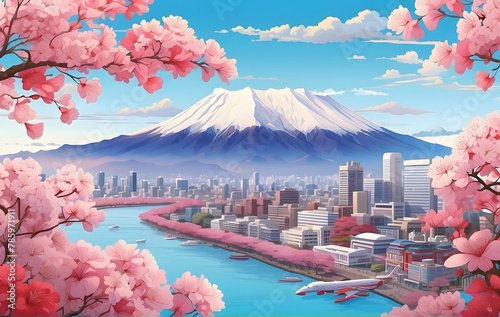 A painting of a city with a mountain in the background. The style of turquoise and crimson, cherry blossoms, grandiose cityscape views