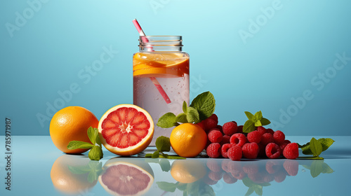 fruits and water bottles on a light blue background