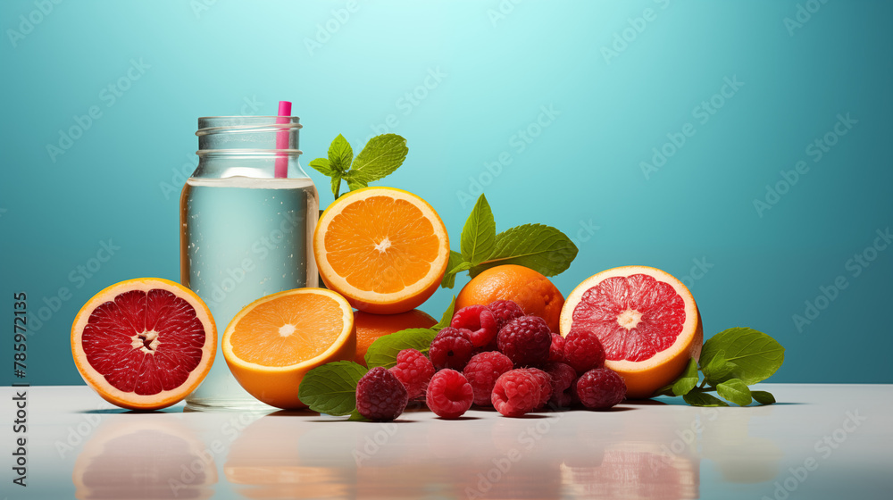 fruits and water bottles on a light blue background fruits and water bottles on a light blue background
