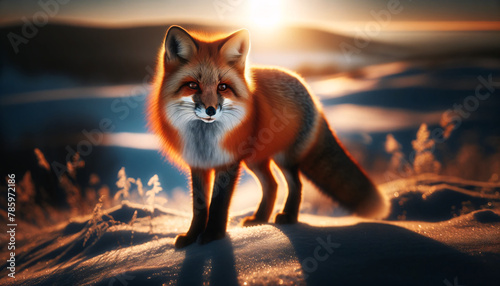 A striking image of a red fox in the wild, with its rich orange fur illuminated by the golden light of the setting sun. The fox is standing on a snowy