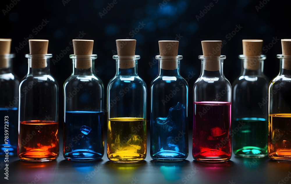 A row of colourful glass bottles sitting on top of a table A row of colourful glass bottles sitting on top of a table