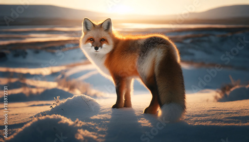 A full body of a red fox standing in a snowy landscape during golden hour, with soft sunlight casting a warm glow on its orange fur