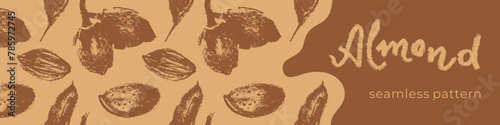 Almond banner with almonds seamless pattern. Hand-drawn illustrations of nuts for web banner, oil packaging or marzipan paste label design. Vector floral sketches background, almond ornament.