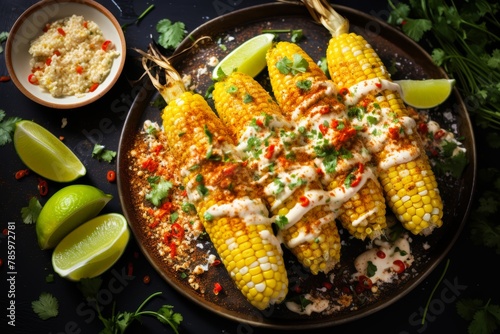 
High-angle shot of a festive platter of Mexican street-style elotes locos, showcasing grilled corn on the cob smothered in mayonnaise, cotija cheese, chili powder, and lime juice