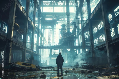 an engineer standing inside an immense, abandoned industrial complex