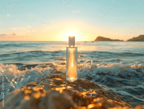 Elegant perfume bottle standing on a rocky surface with the ocean wave crashing around it as the sunset on the horizon
