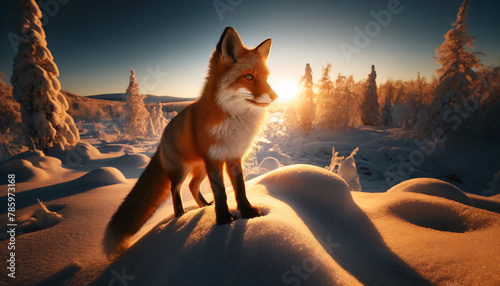 A majestic stance of a red fox in a winter landscape. The fox stands alert and poised on a snow-covered mound