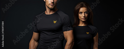 Fitness trendy clothing with new brand design on chest.