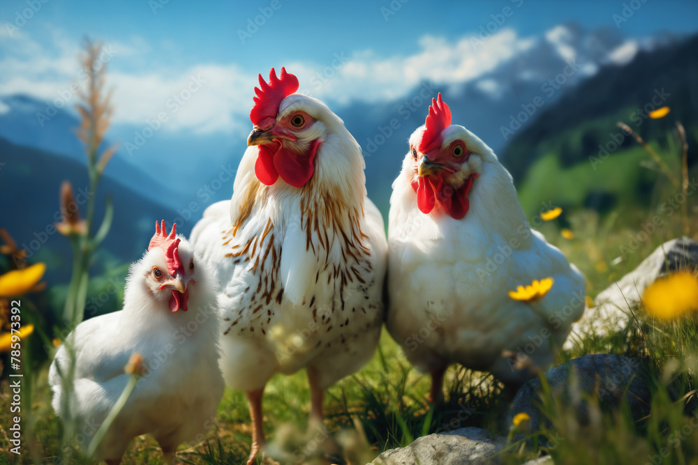 Fototapeta premium Portrait of chickens on a green grass meadow in mountains, bright sunny day, on a ranch in the village, rural surroundings on the background of spring nature