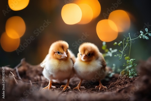 Portrait of small baby chickens in a forest, on a ranch in the village, rural surroundings on the background of spring nature © soleg