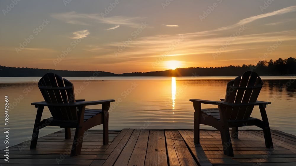 Two wooden chairs on a wood pier overlooking a lake at sunset Generative Ai