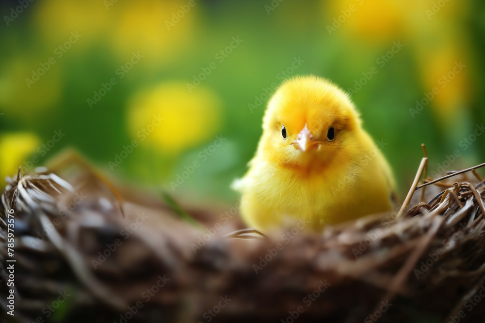 Small chick in a basket against the background of spring nature on Easter, in a bright sunny day at a ranch in a village.