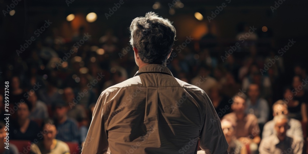 A man stands in front of a crowd of people, giving a speech A man stands in front of a crowd of people, giving a speech