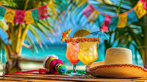 Tropical Beach Party Celebration with Colorful Decorations and Cocktails