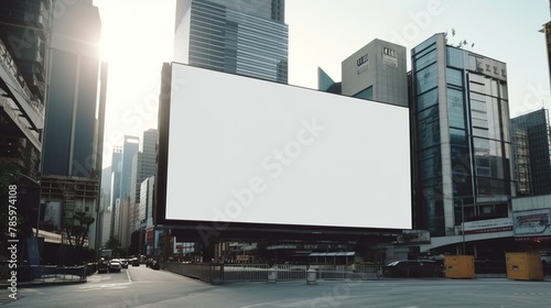 Blank billboard in the city for business advertisement on skyscrapers background.