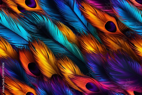 
High-resolution image capturing the fine, feathery texture of a bird's plumage, with vibrant colors and intricate patterns photo