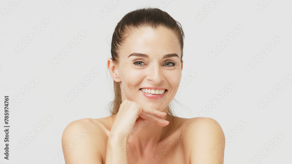 Gorgeous middle aged woman touching her perfect skin. Beautiful portrait of a 40-50 year old woman advertising anti-aging facial products, salon care, skin tightening, isolated on white background. Gorgeous middle aged woman touching her perfect skin. Beautiful portrait of a 40-50 year old woman advertising anti-aging facial products, salon care, skin tightening, isolated on white background.