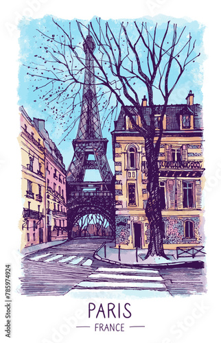 Architecture sketch illustration. An urban colorful landscape of The Eiffel Tower and a street in Paris, France, Europe. Freehand digital drawing. Hand drawn travel postcard, banner, poster. Vector