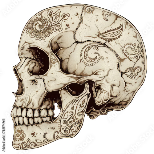 faded cartoon skull with paisley pattern etched