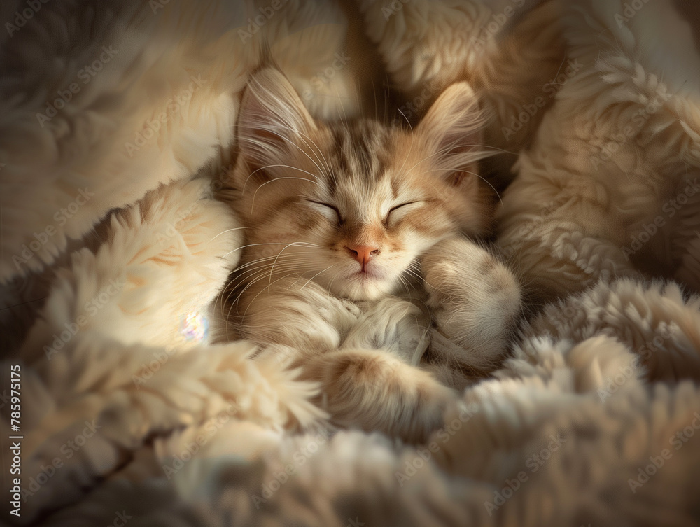 A serene kitten sleeps nestled in soft, fluffy blankets, bathed in warm light. A serene kitten sleeps nestled in soft, fluffy blankets, bathed in warm light.