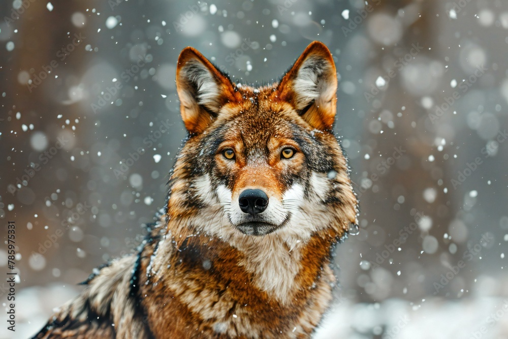 Portrait of a wolf in winter forest,  Wildlife scene from nature